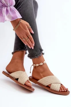 Sale Big Star Shoes Klapki Damskie Płaskie Big Star NN274078 Beżowe Beżowy