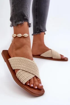 Sale Big Star Shoes Klapki Damskie Płaskie Big Star NN274078 Beżowe Beżowy