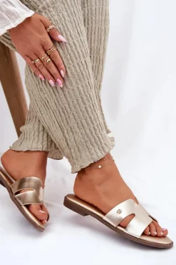 Damskie Evento Klapki Damskie Płaskie Z Eko Skóry Złote Firvania