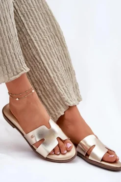 Damskie Evento Klapki Damskie Płaskie Z Eko Skóry Złote Firvania