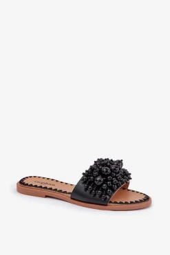 Boto Klapki Damskie Klasyczne*Klapki Damskie Płaskie Z Ozdobnymi Koralikami Czarne Aricca Czarny