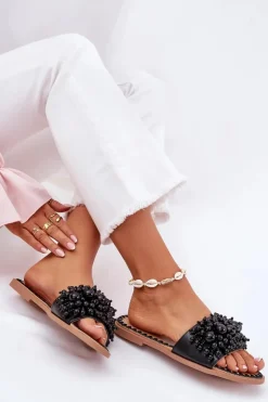 Boto Klapki Damskie Klasyczne*Klapki Damskie Płaskie Z Ozdobnymi Koralikami Czarne Aricca Czarny