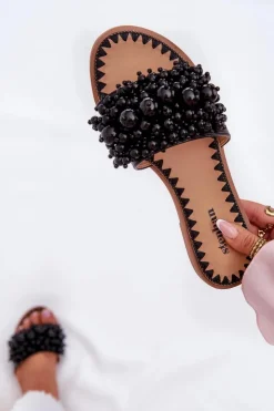 Boto Klapki Damskie Klasyczne*Klapki Damskie Płaskie Z Ozdobnymi Koralikami Czarne Aricca Czarny