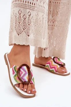 Boto Klapki Damskie Płaskie Z Ozdobną Klamrą Białe Luwam Biały