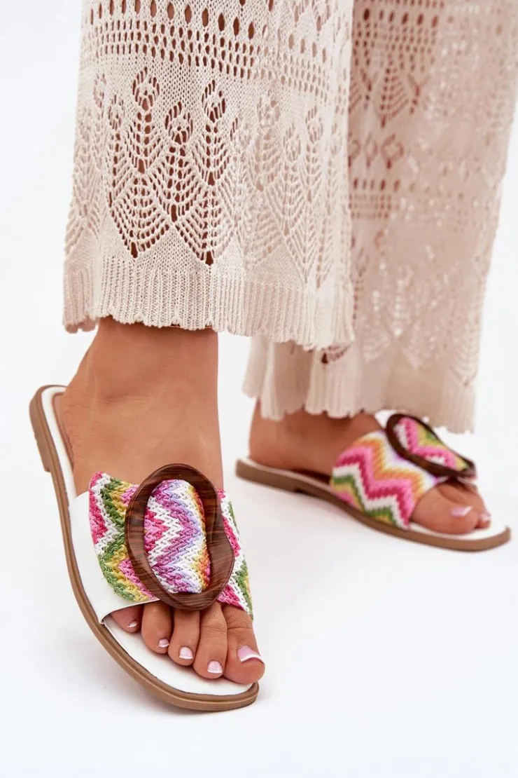 Boto Klapki Damskie Płaskie Z Ozdobną Klamrą Białe Luwam Biały