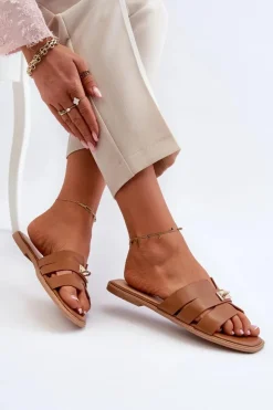 Boto Klapki Damskie Klasyczne*Klapki Damskie Płaskie Z Ozdobą Camel Kavinia