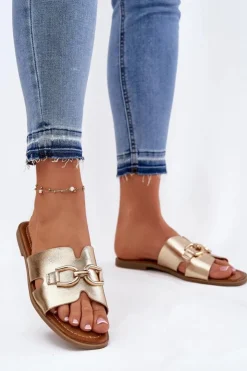 Damskie Evento Klapki Damskie Płaskie Z Ozdobnym Detalem Złote Amiresna