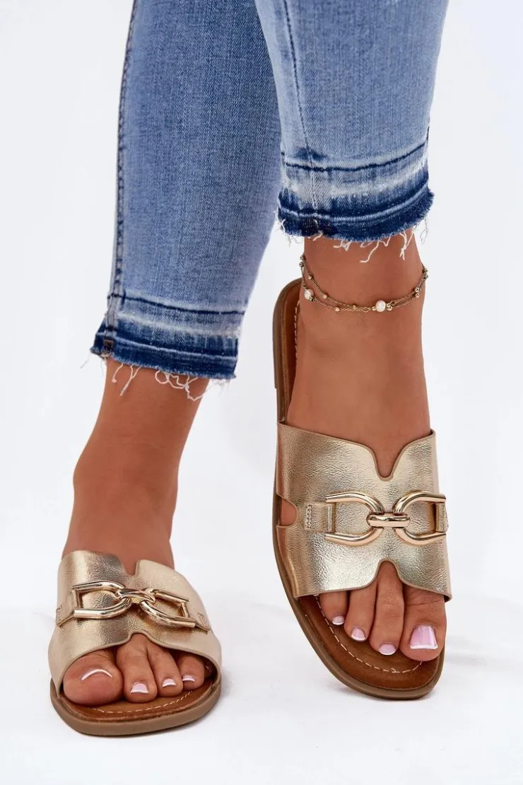 Damskie Evento Klapki Damskie Płaskie Z Ozdobnym Detalem Złote Amiresna