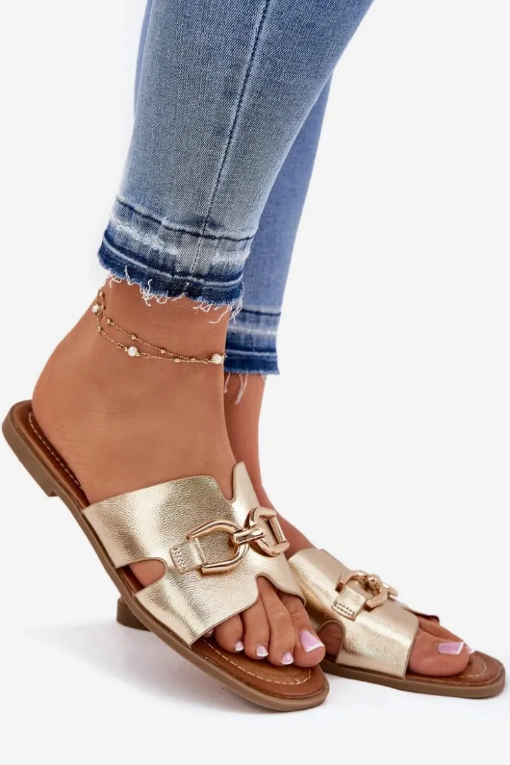 Damskie Evento Klapki Damskie Płaskie Z Ozdobnym Detalem Złote Amiresna