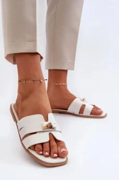 Damskie Boto Klapki Damskie Płaskie Z Ozdobą Białe Kavinia