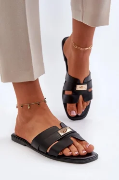 Damskie Boto Klapki Damskie Płaskie Z Ozdobą Czarne Kavinia