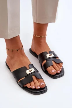 Damskie Boto Klapki Damskie Płaskie Z Ozdobą Czarne Kavinia