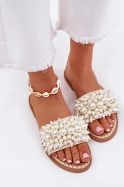 Boto Klapki Damskie Klasyczne*Klapki Damskie Płaskie Z Ozdobnymi Koralikami Beżowe Aricca