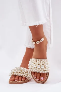 Boto Klapki Damskie Klasyczne*Klapki Damskie Płaskie Z Ozdobnymi Koralikami Beżowe Aricca