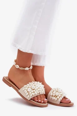 Boto Klapki Damskie Klasyczne*Klapki Damskie Płaskie Z Ozdobnymi Koralikami Beżowe Aricca