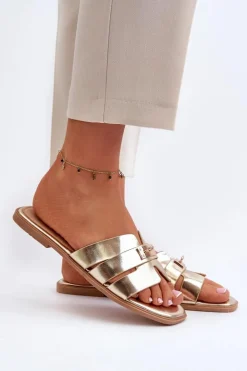 Sale Boto Klapki Damskie Płaskie Z Ozdobą Złote Kavinia