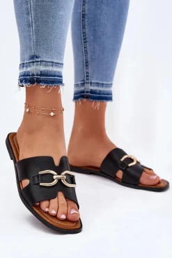 Clearance Evento Klapki Damskie Płaskie Z Ozdobnym Detalem Czarne Amiresna Czarny