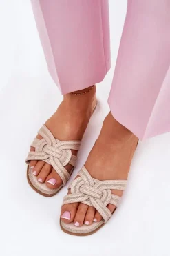 Best Boto Klapki Damskie Płaskie Z Przeplatającymi Się Paskami Beżowe Acimine Beżowy