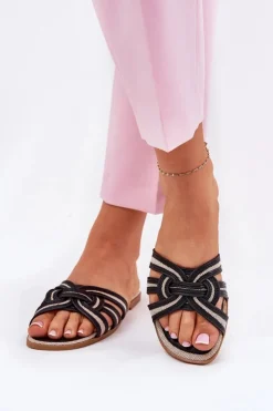 Damskie Boto Klapki Damskie Płaskie Z Przeplatającymi Się Paskami Czarne Acimine