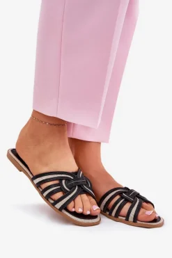 Damskie Boto Klapki Damskie Płaskie Z Przeplatającymi Się Paskami Czarne Acimine