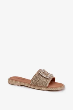 Damskie Artiker Klapki Damskie Płaskie Z Plecionką I Ozdobą 56C1337 Beżowe