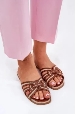 Boto Klapki Damskie Klasyczne*Klapki Damskie Płaskie Z Przeplatającymi Się Paskami Brązowe Acimine Brązowy