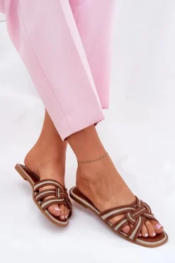 Boto Klapki Damskie Klasyczne*Klapki Damskie Płaskie Z Przeplatającymi Się Paskami Brązowe Acimine Brązowy