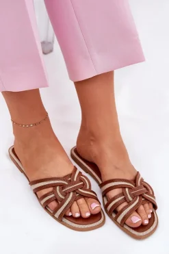 Boto Klapki Damskie Klasyczne*Klapki Damskie Płaskie Z Przeplatającymi Się Paskami Brązowe Acimine Brązowy