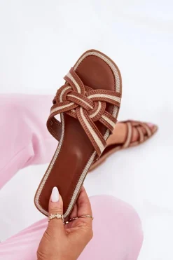 Boto Klapki Damskie Klasyczne*Klapki Damskie Płaskie Z Przeplatającymi Się Paskami Brązowe Acimine Brązowy