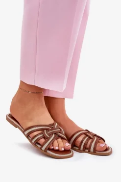 Boto Klapki Damskie Klasyczne*Klapki Damskie Płaskie Z Przeplatającymi Się Paskami Brązowe Acimine Brązowy