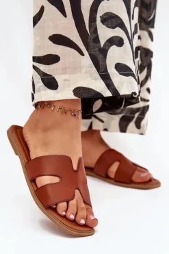 Boto Klapki Damskie Klasyczne*Klapki Damskie Płaskie Z Wycięciami Camel Salyra Brązowy