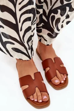 Boto Klapki Damskie Klasyczne*Klapki Damskie Płaskie Z Wycięciami Camel Salyra Brązowy