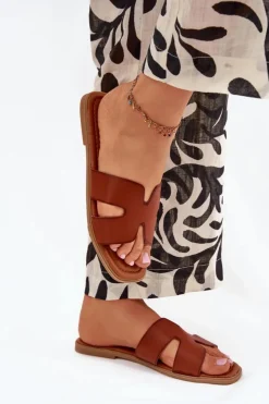 Boto Klapki Damskie Klasyczne*Klapki Damskie Płaskie Z Wycięciami Camel Salyra Brązowy