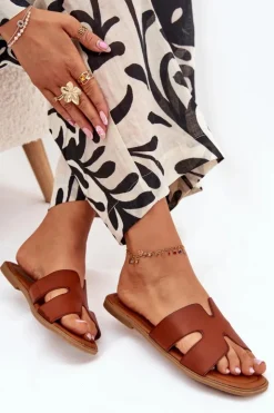 Boto Klapki Damskie Klasyczne*Klapki Damskie Płaskie Z Wycięciami Camel Salyra Brązowy