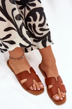 Boto Klapki Damskie Klasyczne*Klapki Damskie Płaskie Z Wycięciami Camel Salyra Brązowy