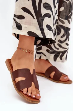 Damskie Boto Klapki Damskie Płaskie Z Wycięciami Ciemnobrązowe Salyra