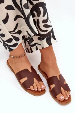 Damskie Boto Klapki Damskie Płaskie Z Wycięciami Ciemnobrązowe Salyra