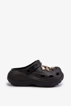 Damskie Boto Klapki Damskie Piankowe Lekkie Na Grubej Podeszwie Z Przypinkami Czarne Effiora