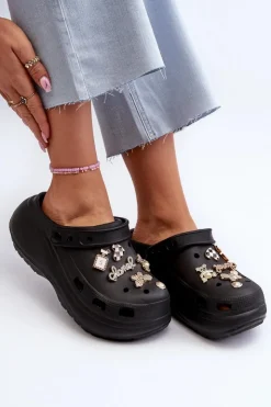 Damskie Boto Klapki Damskie Piankowe Lekkie Na Grubej Podeszwie Z Przypinkami Czarne Effiora