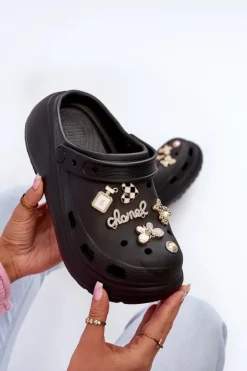 Damskie Boto Klapki Damskie Piankowe Lekkie Na Grubej Podeszwie Z Przypinkami Czarne Effiora