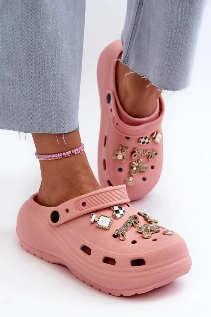 Sale Boto Klapki Damskie Piankowe Lekkie Na Grubej Podeszwie Z Przypinkami Różowe Effiora