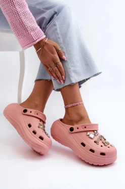 Sale Boto Klapki Damskie Piankowe Lekkie Na Grubej Podeszwie Z Przypinkami Różowe Effiora