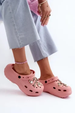 Sale Boto Klapki Damskie Piankowe Lekkie Na Grubej Podeszwie Z Przypinkami Różowe Effiora