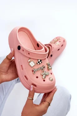 Sale Boto Klapki Damskie Piankowe Lekkie Na Grubej Podeszwie Z Przypinkami Różowe Effiora