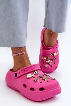 Damskie Boto Klapki Damskie Piankowe Lekkie Na Grubej Podeszwie Z Przypinkami Fuksja Effiora