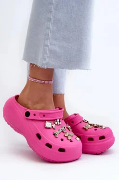 Damskie Boto Klapki Damskie Piankowe Lekkie Na Grubej Podeszwie Z Przypinkami Fuksja Effiora