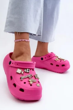 Damskie Boto Klapki Damskie Piankowe Lekkie Na Grubej Podeszwie Z Przypinkami Fuksja Effiora