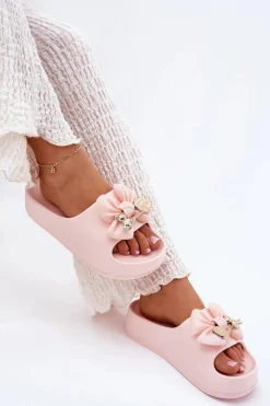 Damskie Boto Klapki Damskie Piankowe Na Platformie Z Kokardką I Broszką Różowe Marlize