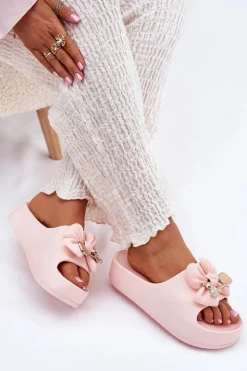 Damskie Boto Klapki Damskie Piankowe Na Platformie Z Kokardką I Broszką Różowe Marlize