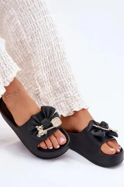 Damskie Boto Klapki Damskie Piankowe Na Platformie Z Kokardką I Broszką Czarne Marlize